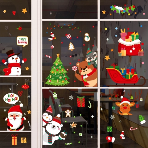 Weihnachtsfensteraufkleber Statische Haftung PVC Abnehmbar Beidseitig Cartoon Weihnachtsmann Schneemann Rentier Feiertagsdekoration