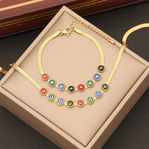 Evil Eye Schmuck Edelstahl Halskette Armband Ohrringe Bunte Emaille Flache Schlangenkette Trendiger Boho Für Frauen