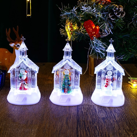 Christmas LED Light Up Church Ornament Transparent Plastic Santa Snowman Desktop Decoration Lamp Festive Gift Night Light