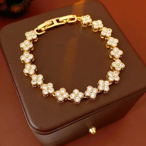 Clover Multi Motif Bracelet Gold Plated Copper Pave Zircon Flower Bangle Elegant Light Luxury Jewelry For Women