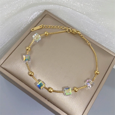 Mode Titanium Staal Vergulde Armband Voor Vrouwen Glanzende Strass Suikerklontje Geometrische Kristallen Ketting Sieraden Cadeau