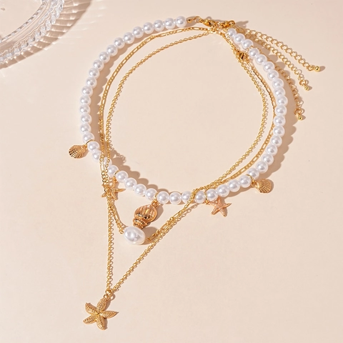 Collana A Strati Tema Oceano Lega Perla Artificial Imitazione Stella Marina Conchiglia Pendenti Gioielli Spiaggia Estate Donne
