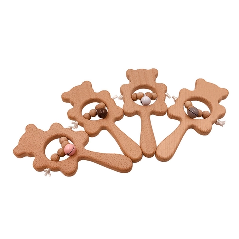 Baby Rattle Teether Toy Natural Beech Wood Animal Shapes Crochet Beads With Bell Infant Hand Grasping Soothing Toy