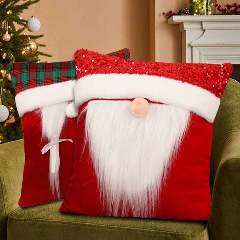 Christmas Gnome Decorative Pillow Cover Velvet Red Sequin Plaid Holiday Character Beard Cushion Case Home Decor