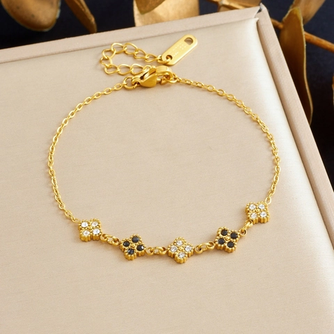 Elegant Clover Charm Bracelet Gold Plated Stainless Steel With White Zircon And Black Enamel Jewelry For Women