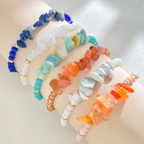 Pulsera Tejida de Piedra Natural Bohemia Mujer Hecha a Mano Grava Colorida Irregular Ajustable Joyería de Moda