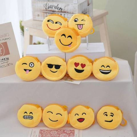 Round Plush Emoji Coin Purse Mini Cartoon Zippered Storage Bag With Hook For Kids Toddlers