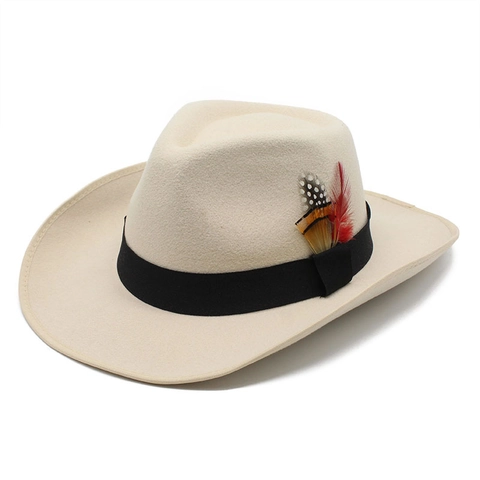 Wool Felt Fedora Hat Western Cowboy Wide Brim Vintage Style With Feather Decoration Ribbon Band Outdoor Unisex