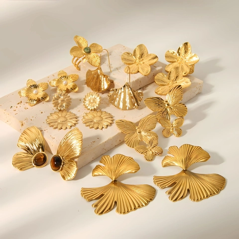 Floral Butterfly Ginkgo Leaf Statement Earrings Stainless Steel 18K Gold Plated Jewelry High End Style For Women