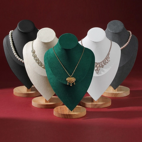 Necklace Display Stand Wood Base Velvet PU Leather Jewelry Bust Portrait Neck Model Organizer Showcase Holder