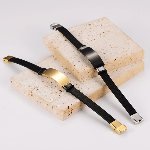 Leather Bracelet For Men With Polished 304 Stainless Steel Metal Plate Minimalist Style Wristband Jewelry