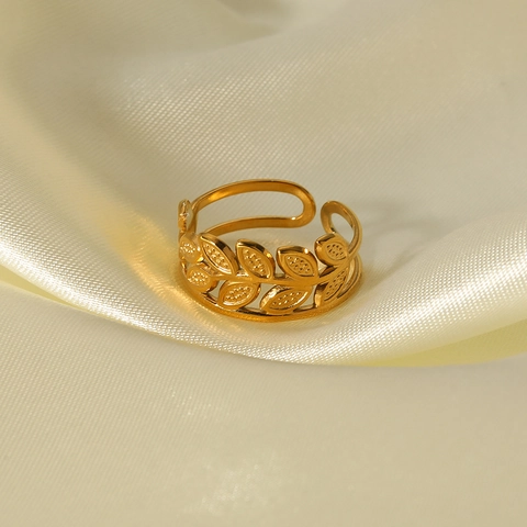 Anello Aperto Foglia Cava Acciaio Inossidabile Placcato Oro 18K Ramoscello Ulivo Gioielli Geometrici Donna