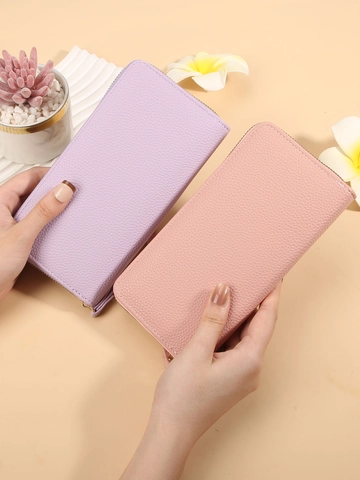 Lange Dames Portemonnee Lychee Patroon PU Leer Grote Capaciteit Rits Clutch Met Polsbandje Eenvoudig