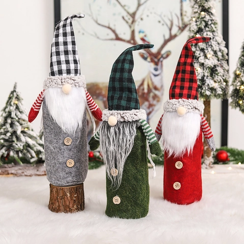Christmas Gnome Wine Bottle Cover Set Forest Man Plaid Hat Long Beard Handmade Holiday Dining Table Decoration Xmas Party