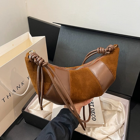 Borsa A Spalla Mezzaluna Vintage Patchwork Camoscio Donna Tracolla Con Nodo Borsa Hobo Minimalista Casual Sottobraccio