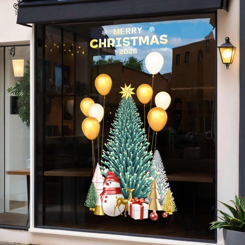 Christmas Window Stickers PVC Static Cling Double Sided Color Snowman Reindeer Tree Decor For Shop Glass Display Reusable