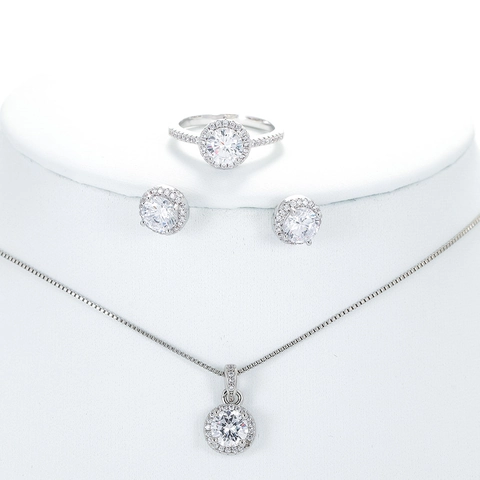 Copper Cubic Zirconia Halo Necklace Stud Earrings Ring Classic Elegant Jewelry Accessories For Women Silver Plated