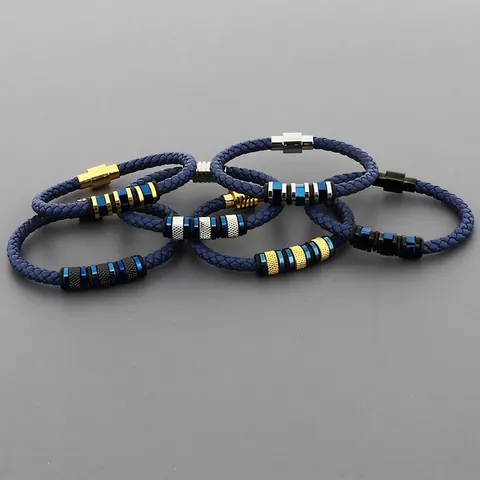 Pulsera De Cuero Trenzado Con Cierre Magnético De Acero Inoxidable Y Cuentas De Metal Joyas Industriales De Tendencia Para Hombres