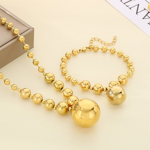 Collana E Bracciale In Acciaio Inossidabile Grande Pendente A Sfera Cava Catena Di Perle Gioielli Geometrici Di Moda