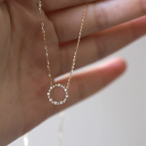 925 Sterling Silver Necklace With 14K Gold Plated Circular Ring Cubic Zirconia Pendant Dainty Elegant Jewelry For Women