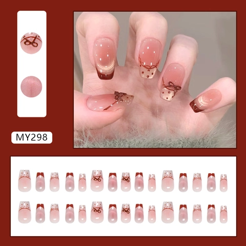 French Bow Press On Nails Cat Eye Polka Dot Gradient Pink Sweet Style Artificial Fake Nails For Women DIY Manicure