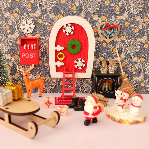 Miniatur Puppenhaus Weihnachten Szene Dekoration Holz Harz Elfen Tür Briefkasten Leiter Weihnachtsmann Schlitten Geschenk