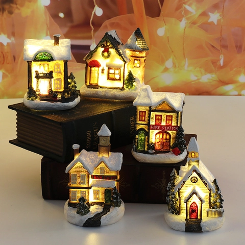 Christmas Village Houses Resin LED Glowing Snow Scene Miniature Buildings Desktop Holiday Decorations