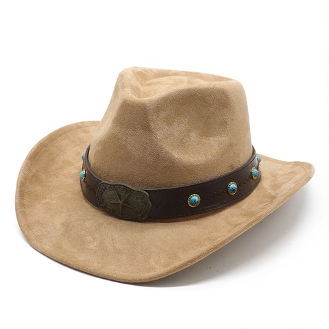 Western Cowboy Hut Wildleder Polyester Breite Krempe Türkis Perlen Metallschnalle Retro Ethnischen Stil