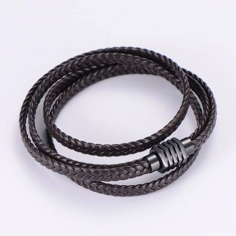 Multi-Layer Braided PU Leather Bracelet With Stainless Steel Magnetic Clasp For Men Unisex Casual Wrap Style