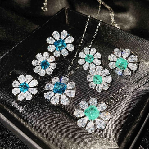 Flower Necklace Earrings Ring For Women Copper Square Blue Green Zirconia Elegant Luxury Accessories Silver Plated