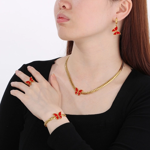 Joyas De Mariposa Acero Inoxidable Chapado En Oro Collar Cadena Cubana Pulsera Pendientes Anillo Acrilico