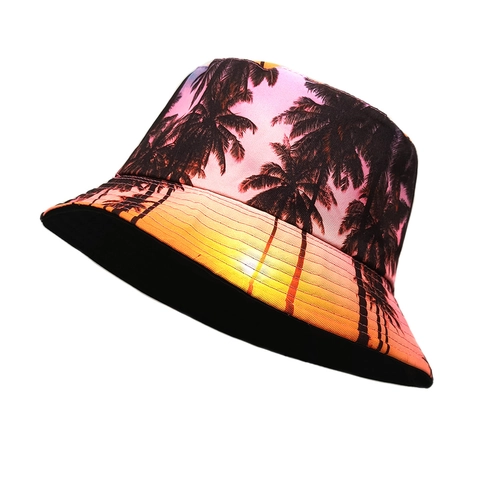 Wendbarer Fischerhut Polyester Tropischer Palmbaum Sonnenuntergang Druck Sonnenschutz Sommer Strand Reise Outdoor Retro Unisex