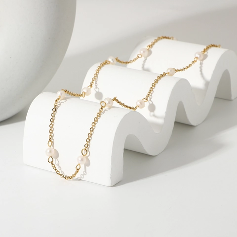 Minimalistische Edelstahl Süßwasserperle Halskette Damen 18K Vergoldet Rundperlenkette Choker Täglicher Party Schmuck