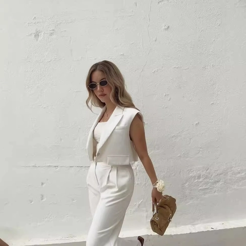 Women Sleeveless Vest Top And Wide Leg Pants Commuter Elegant Outfit Polyester Solid Color Casual Summer Spring