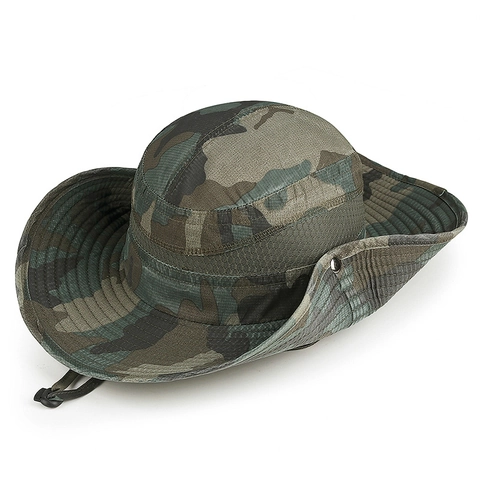 Outdoor Camouflage Boonie Hat Sun Protection Breathable Mesh Wide Brim Fishing Hiking Adjustable Windproof String