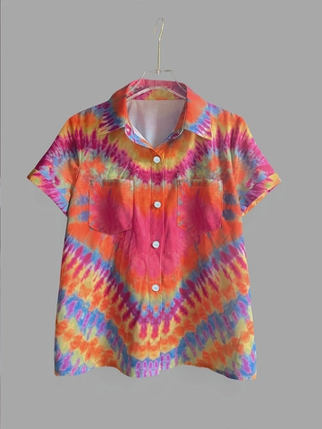 Damen Vintage Tie Dye Print Kurzarm Hemdbluse Polyester Spandex Lockerer Lässiger Button Down Top Mit Brusttaschen