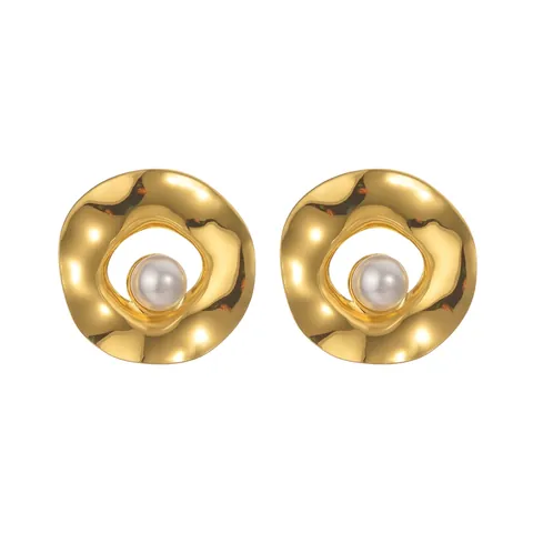 Vintage Orecchini a Bottone in Acciaio Inossidabile Cavo con Perla Artificiale Oro 18K Placcato Orecchini Geometrici Donna