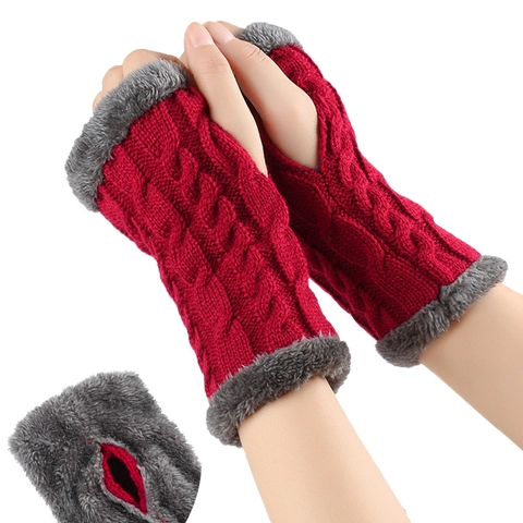 Winter Fingerless Gloves Knitted Acrylic Faux Fur Trim Arm Warmers Twist Pattern Thick Warm For Women