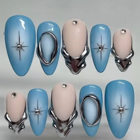 Faux Ongles 3D Étoile Argent Métallique Style Français Dégradé Bleu Rose Forme Amande Strass Glamour