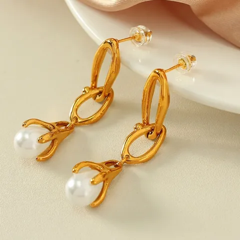 Orecchini Pendenti In Acciaio Inossidabile Placcato Oro 18K Con Perla Artificial Finta Bianca Gioielli Eleganti Da Donna