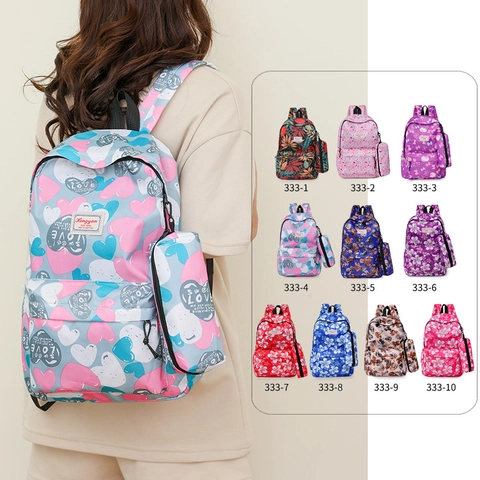 Zaino Con Piccola Pochette Nylon Leggero Stampa Cuore Floreale Scuola Viaggio Per Donne Studentesse