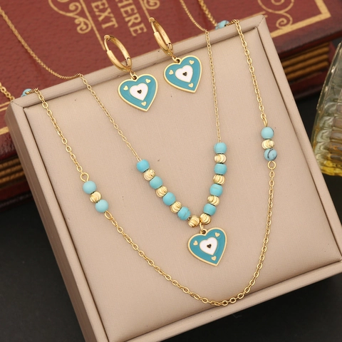 Evil Eye Heart Necklace Bracelet Hoop Earrings Stainless Steel Double Layer Bohemian Enamel Jewelry For Women