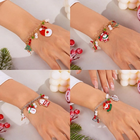 Pulsera De Abalorios De Navidad Aleación Esmalte Papá Noel Reno Árbol Perlas Artificiales De Imitación Cuentas De Cristal Mujeres Regalo