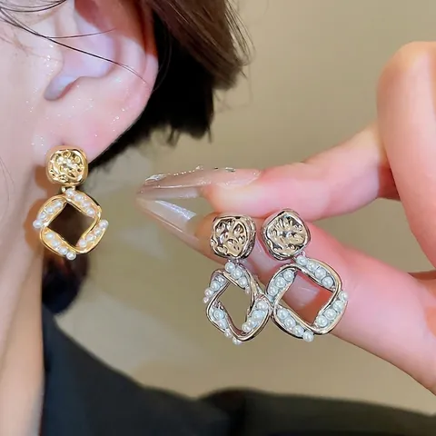 Twisted Square Drop Earrings Artificial Pearl Copper Gold Plated With 925 Sterling Silver Earring Post Vintage Geometric For Women