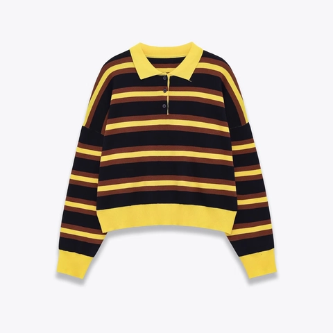 Maglione Polo In Maglia A Righe Maniche Lunghe Con Bottoni Casual Retro Pullover Da Donna In Poliestere