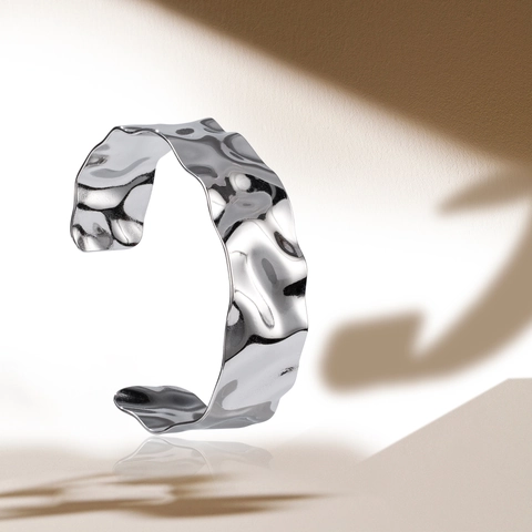 Hammered Texture Water Ripple Open Cuff Bracelet Titanium Steel Wide Polished Glossy Unisex Hip Hop Jewelry