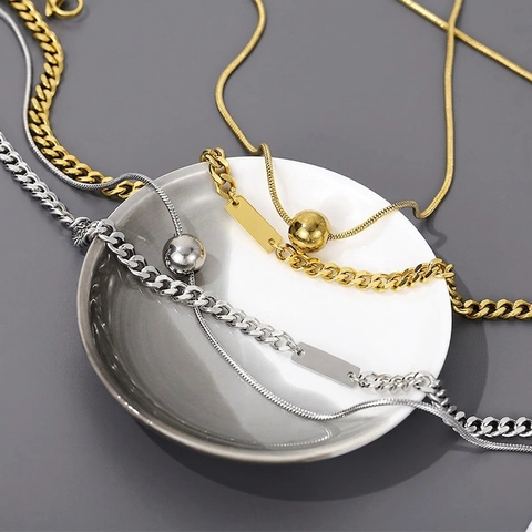 Double Layer Necklace Stainless Steel Curb And Snake Chain With Square Tag And Round Bead Polished Unisex Jewelry