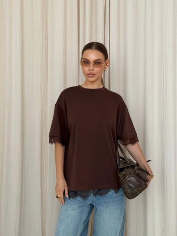 Women T-Shirt Lace Patchwork Back Split Cotton Knit Short Sleeve Round Neck Solid Color Casual Loose Top