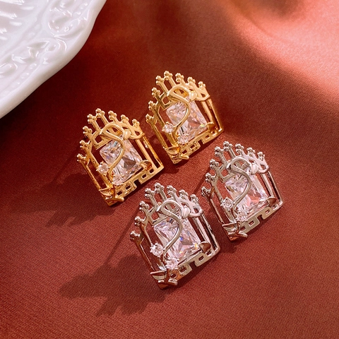 Square Window Geometric Stud Earrings Copper Zircon With 925 Sterling Silver Earring Post Baroque Vintage Luxury