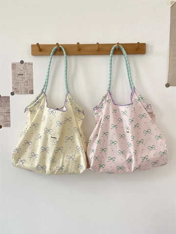 Baumwoll Canvas Tote Bag Große Kapazität Gingham Karomuster Schleife Druck Süße Japanische Zakka Stil Schultertasche Damen